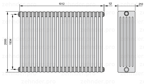 Схема (чертеж) Радиатор Zehnder Charleston 6200/22 №1270 Белый глянцевый RAL 9016